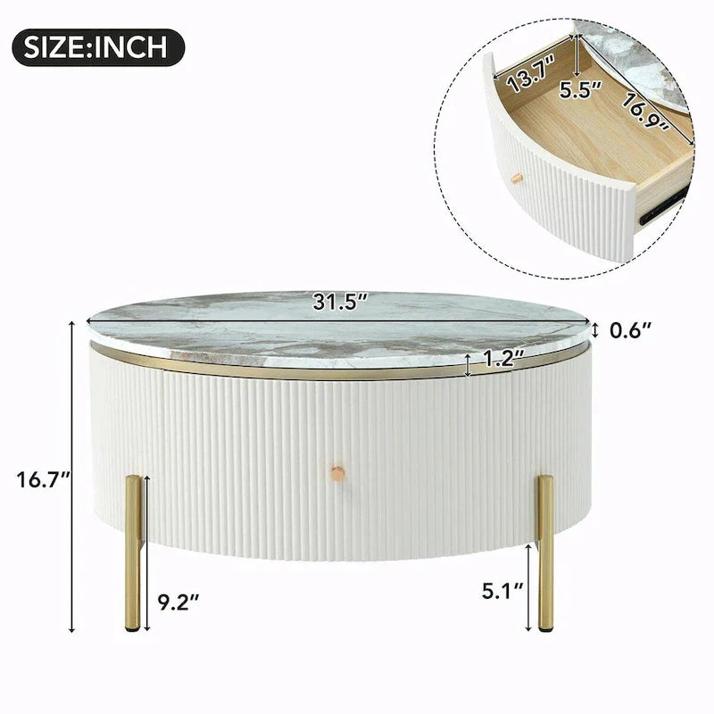 Table basse ronde moderne de 31,5 po avec grand tiroir de rangement