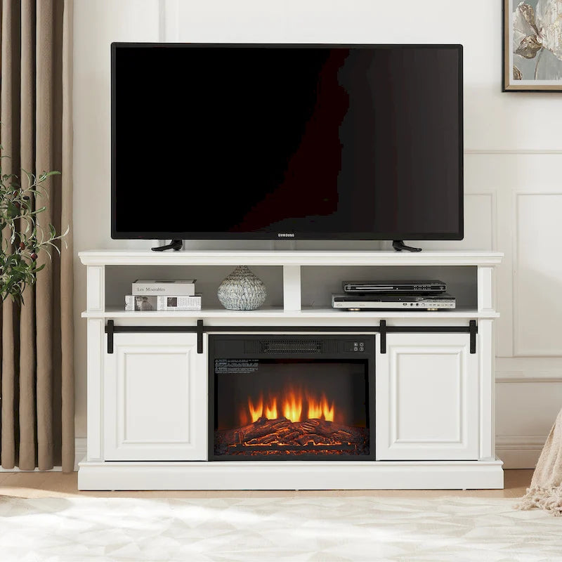 Meuble console média avec rangement, meuble TV moderne du milieu du siècle avec insert de cheminée de 23 pouces, meuble TV polyvalent avec porte coulissante