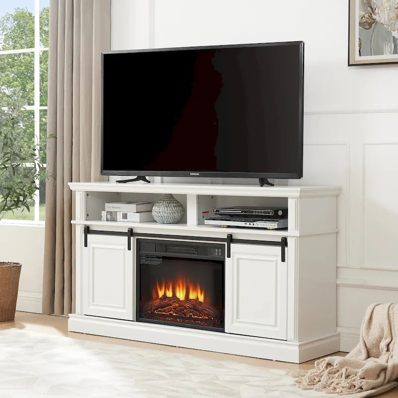 Meuble console média avec rangement, meuble TV moderne du milieu du siècle avec insert de cheminée de 23 pouces, meuble TV polyvalent avec porte coulissante