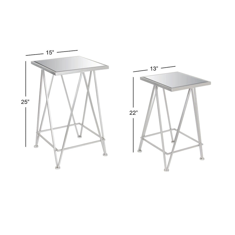 Table d'appoint contemporaine en métal doré, argenté ou noir avec plateau en verre miroir (lot de 2) - 15 x 15 x 25