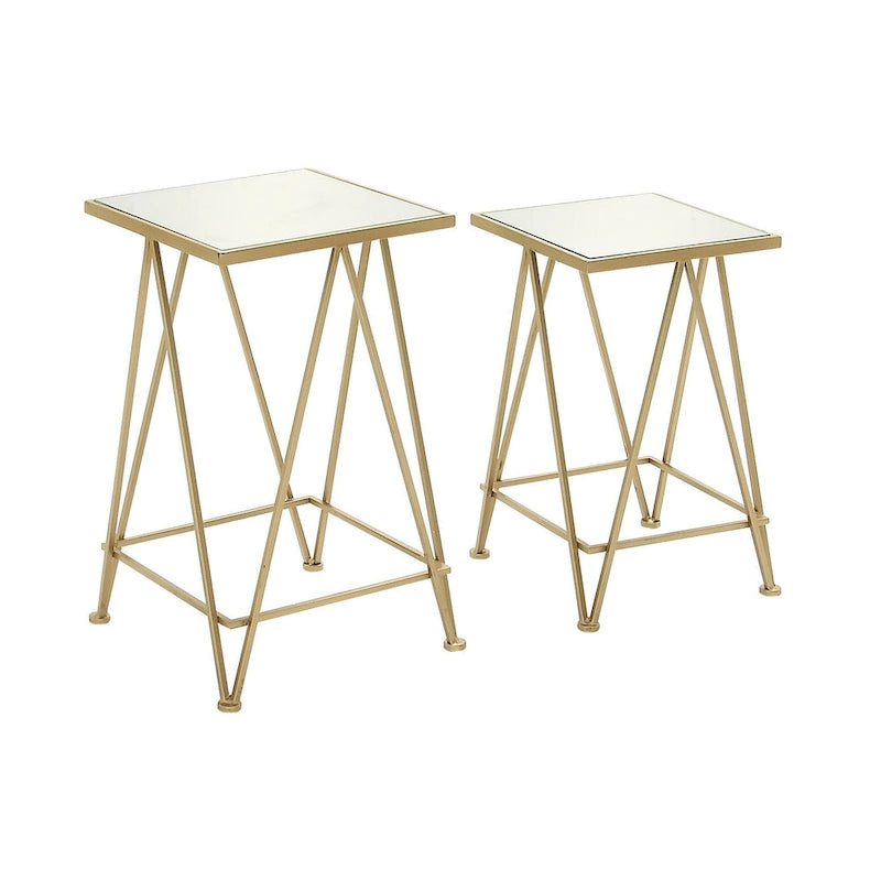 Table d'appoint contemporaine en métal doré, argenté ou noir avec plateau en verre miroir (lot de 2) - 15 x 15 x 25