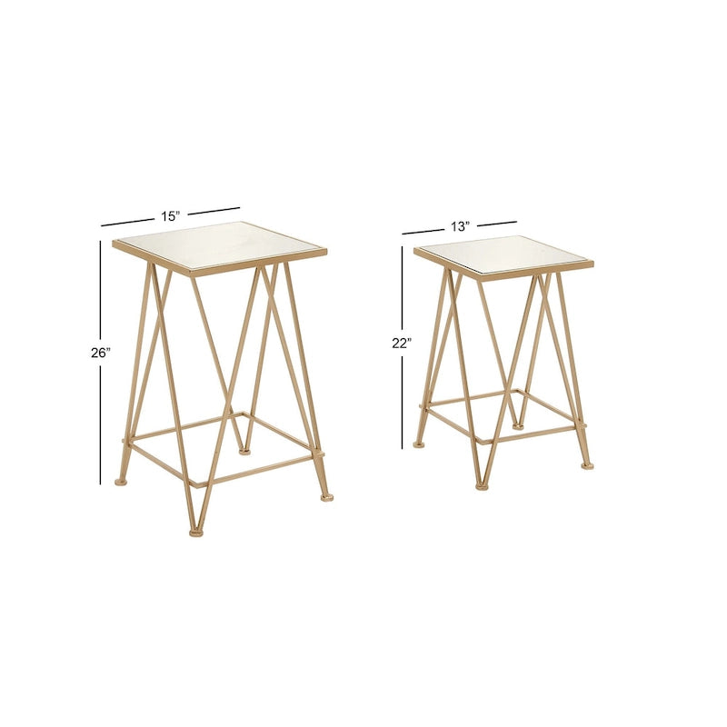 Table d'appoint contemporaine en métal doré, argenté ou noir avec plateau en verre miroir (lot de 2) - 15 x 15 x 25