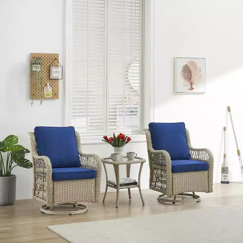 3 Pieces Outdoor Swivel Rocker Chair Set of 2 with Glass Top Table