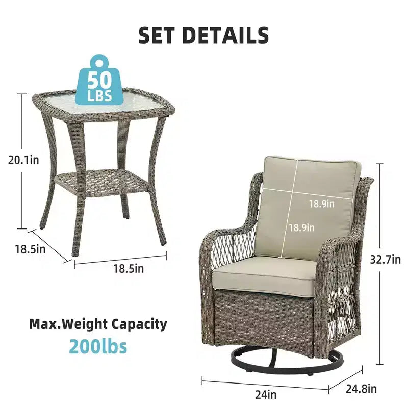 Ensemble de 2 chaises pivotantes et basculantes d'extérieur 3 pièces avec table à plateau en verre