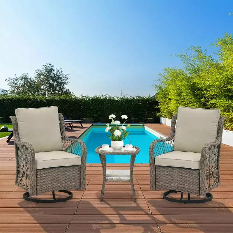 Ensemble de 2 chaises pivotantes et basculantes d'extérieur 3 pièces avec table à plateau en verre