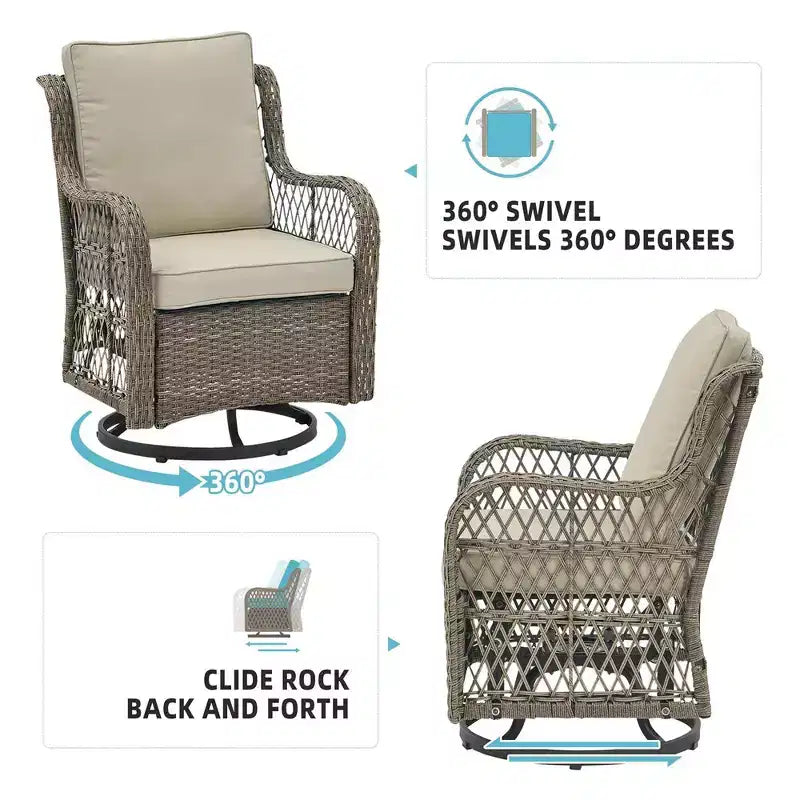 Ensemble de 2 chaises pivotantes et basculantes d'extérieur 3 pièces avec table à plateau en verre