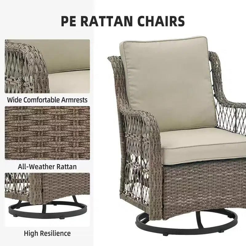 Ensemble de 2 chaises pivotantes et basculantes d'extérieur 3 pièces avec table à plateau en verre