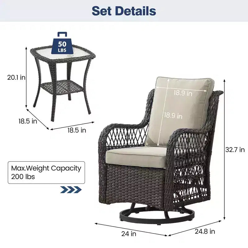 Ensemble de 2 chaises pivotantes et basculantes d'extérieur 3 pièces avec table à plateau en verre