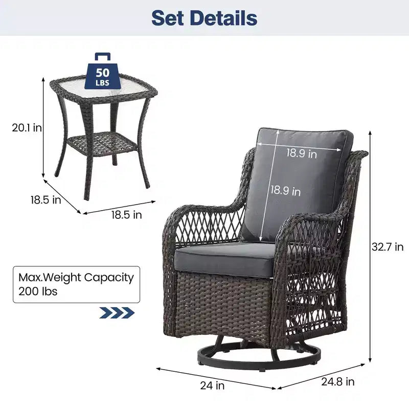 Ensemble de 2 chaises pivotantes et basculantes d'extérieur 3 pièces avec table à plateau en verre