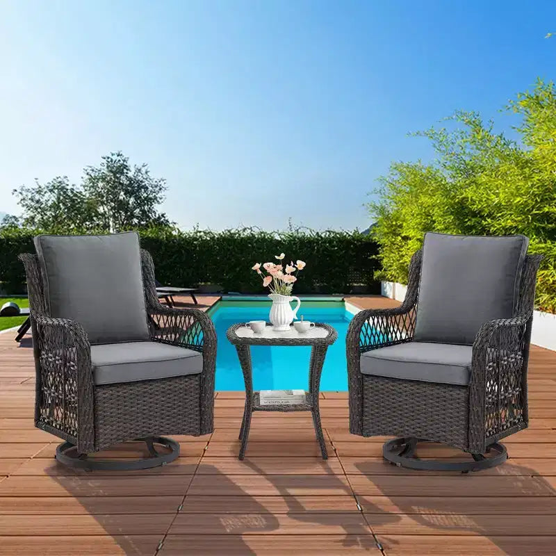 Ensemble de 2 chaises pivotantes et basculantes d'extérieur 3 pièces avec table à plateau en verre