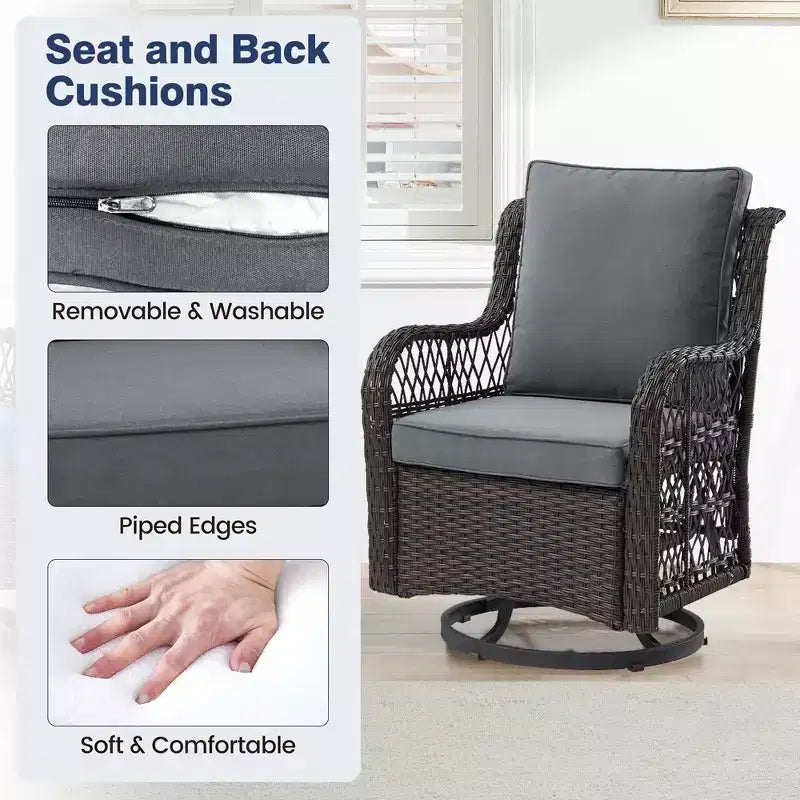 Ensemble de 2 chaises pivotantes et basculantes d'extérieur 3 pièces avec table à plateau en verre