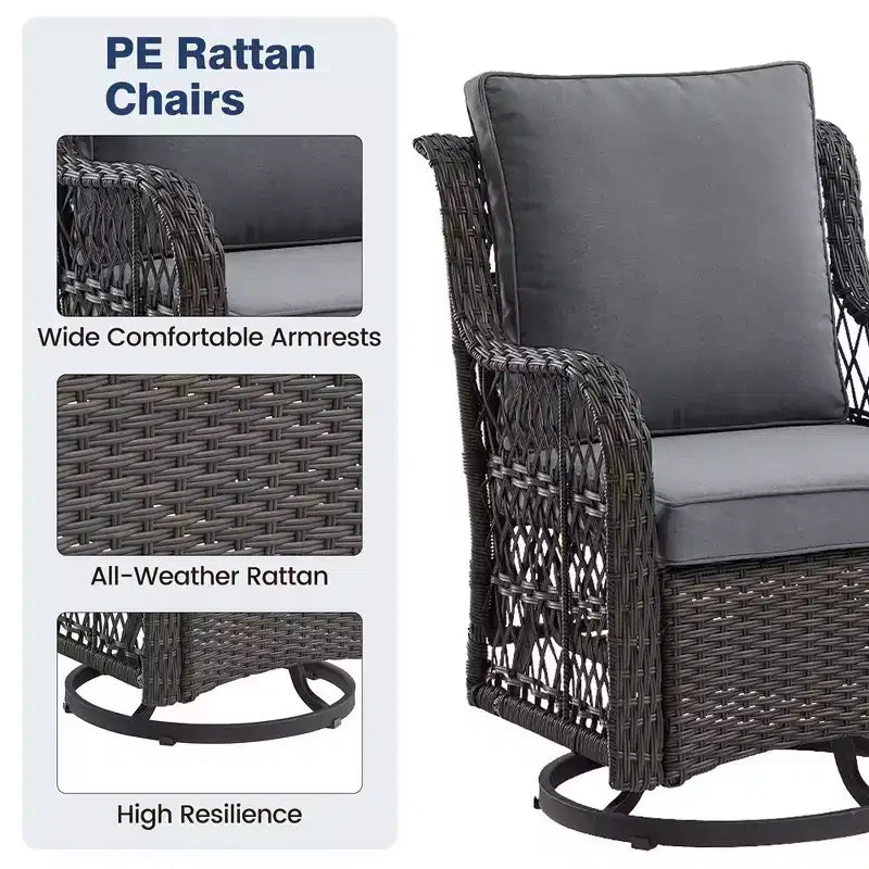 Ensemble de 2 chaises pivotantes et basculantes d'extérieur 3 pièces avec table à plateau en verre