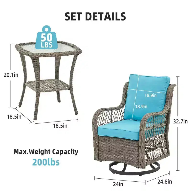 Ensemble de 2 chaises pivotantes et basculantes d'extérieur 3 pièces avec table à plateau en verre