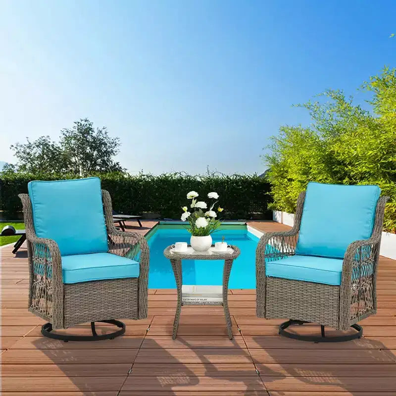 Ensemble de 2 chaises pivotantes et basculantes d'extérieur 3 pièces avec table à plateau en verre
