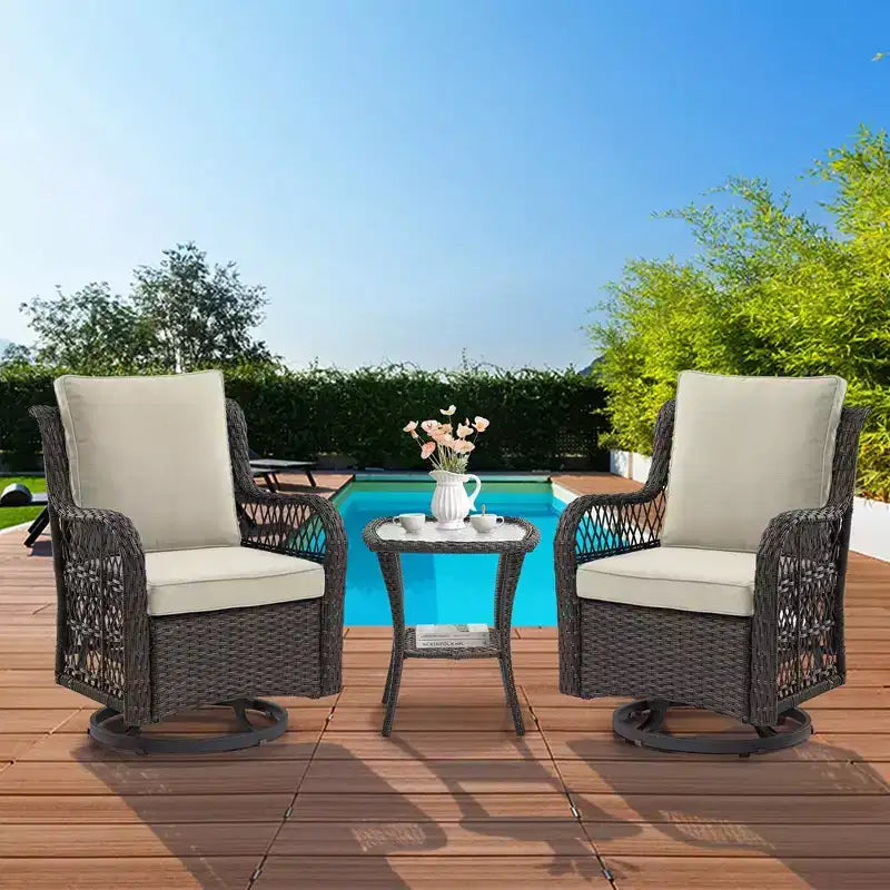 Ensemble de 2 chaises pivotantes et basculantes d'extérieur 3 pièces avec table à plateau en verre