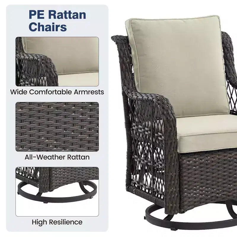 Ensemble de 2 chaises pivotantes et basculantes d'extérieur 3 pièces avec table à plateau en verre