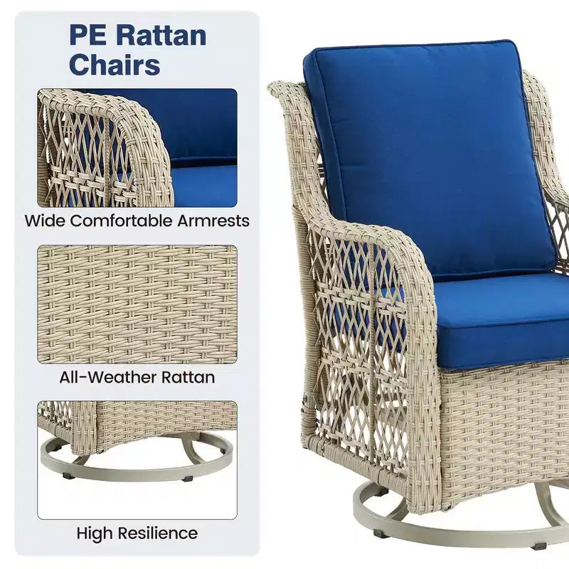 Ensemble de 2 chaises pivotantes et basculantes d'extérieur 3 pièces avec table à plateau en verre