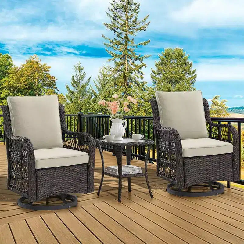 Ensemble de 2 chaises pivotantes et basculantes d'extérieur 3 pièces avec table à plateau en verre