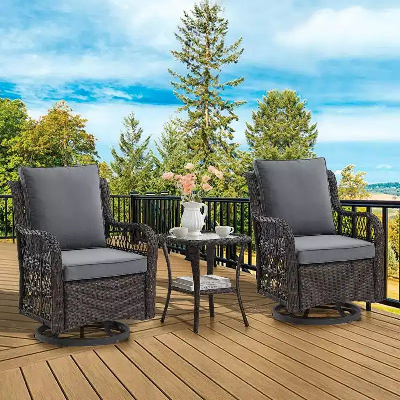Ensemble de 2 chaises pivotantes et basculantes d'extérieur 3 pièces avec table à plateau en verre