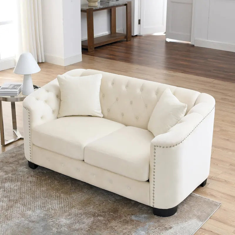 Canapé moderne Chesterfield en velours de 150 cm, canapé 2 places, dossiers touffetés rembourrés avec accoudoirs cloutés et 2 coussins pour le salon