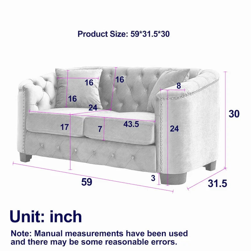 Canapé moderne Chesterfield en velours de 150 cm, canapé 2 places, dossiers touffetés rembourrés avec accoudoirs cloutés et 2 coussins pour le salon