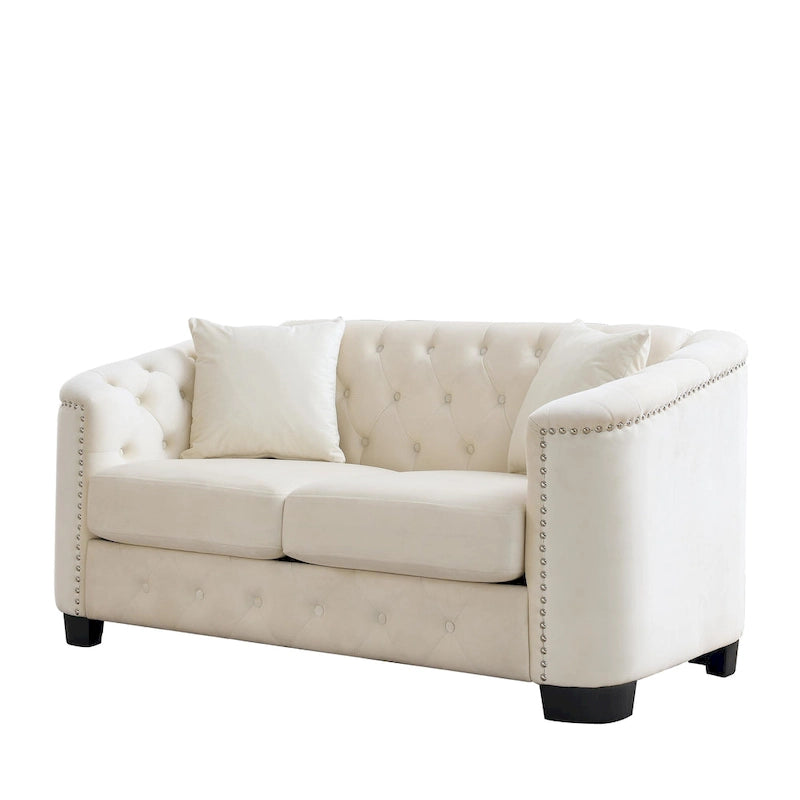 Canapé moderne Chesterfield en velours de 150 cm, canapé 2 places, dossiers touffetés rembourrés avec accoudoirs cloutés et 2 coussins pour le salon