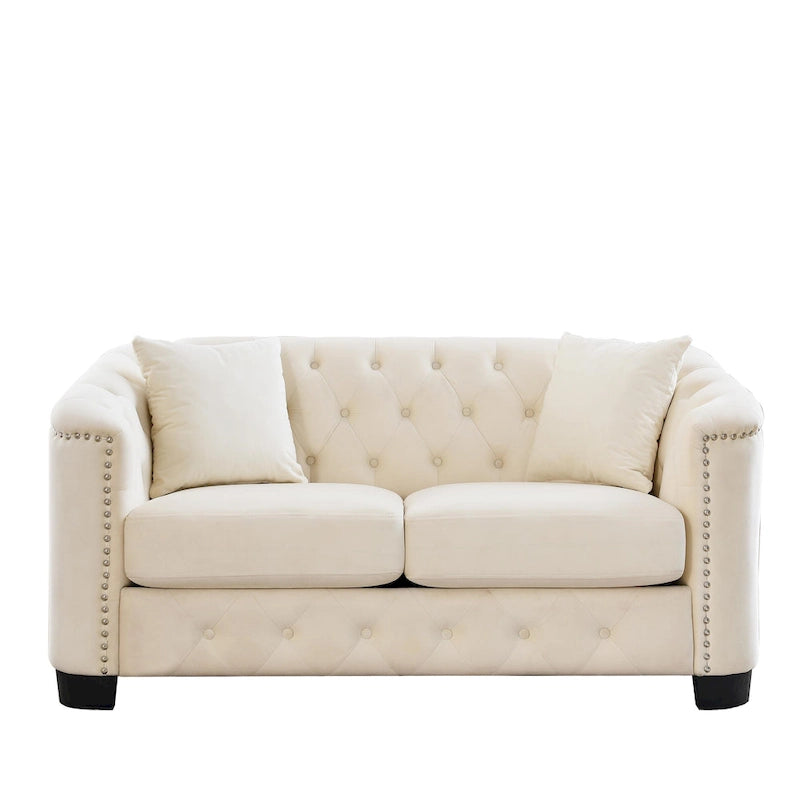 Canapé moderne Chesterfield en velours de 150 cm, canapé 2 places, dossiers touffetés rembourrés avec accoudoirs cloutés et 2 coussins pour le salon