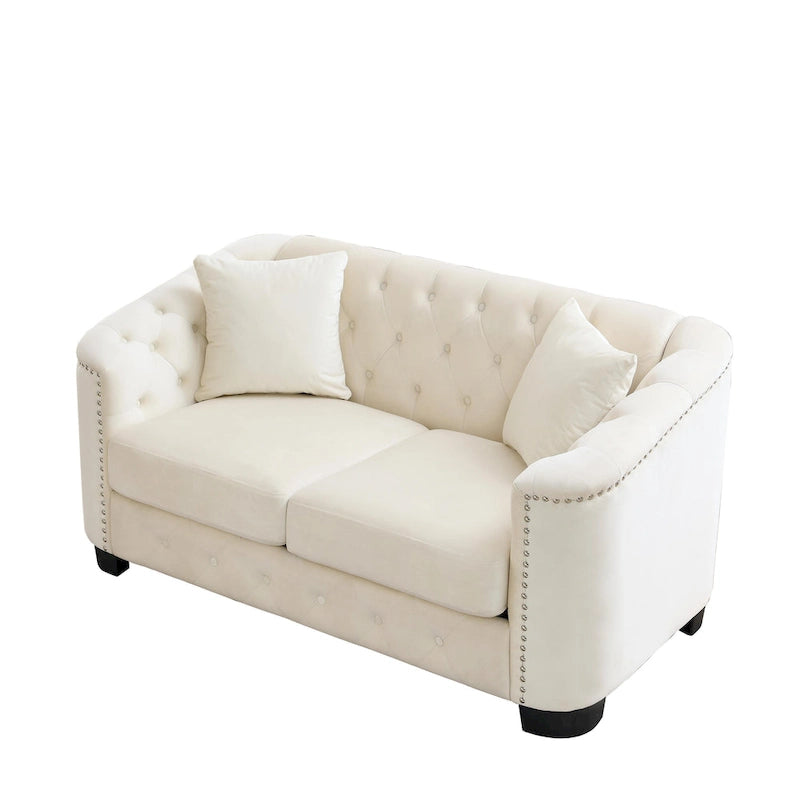 Canapé moderne Chesterfield en velours de 150 cm, canapé 2 places, dossiers touffetés rembourrés avec accoudoirs cloutés et 2 coussins pour le salon