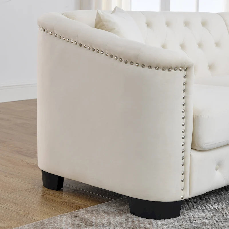 Canapé moderne Chesterfield en velours de 150 cm, canapé 2 places, dossiers touffetés rembourrés avec accoudoirs cloutés et 2 coussins pour le salon