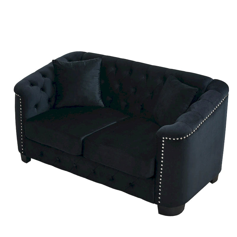 Canapé moderne Chesterfield en velours de 150 cm, canapé 2 places, dossiers touffetés rembourrés avec accoudoirs cloutés et 2 coussins pour le salon