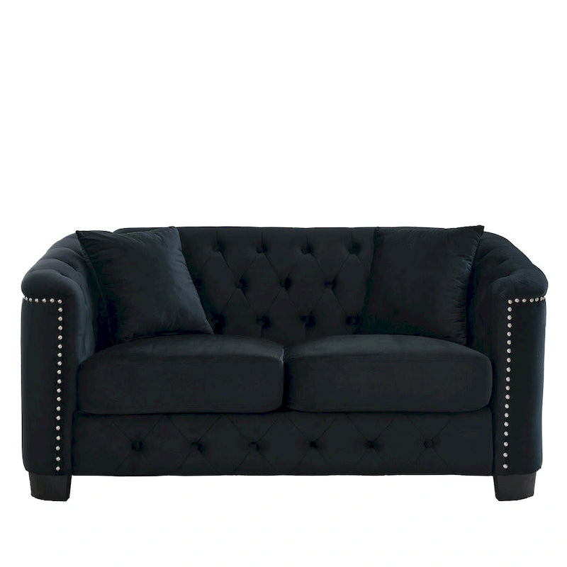 Canapé moderne Chesterfield en velours de 150 cm, canapé 2 places, dossiers touffetés rembourrés avec accoudoirs cloutés et 2 coussins pour le salon