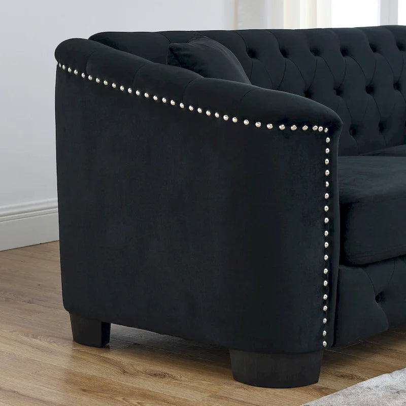 Canapé moderne Chesterfield en velours de 150 cm, canapé 2 places, dossiers touffetés rembourrés avec accoudoirs cloutés et 2 coussins pour le salon