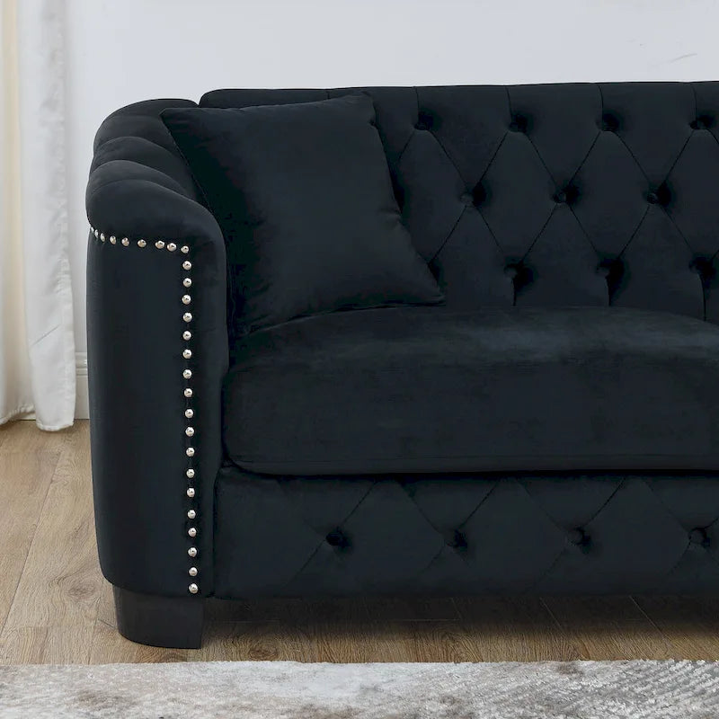Canapé moderne Chesterfield en velours de 150 cm, canapé 2 places, dossiers touffetés rembourrés avec accoudoirs cloutés et 2 coussins pour le salon