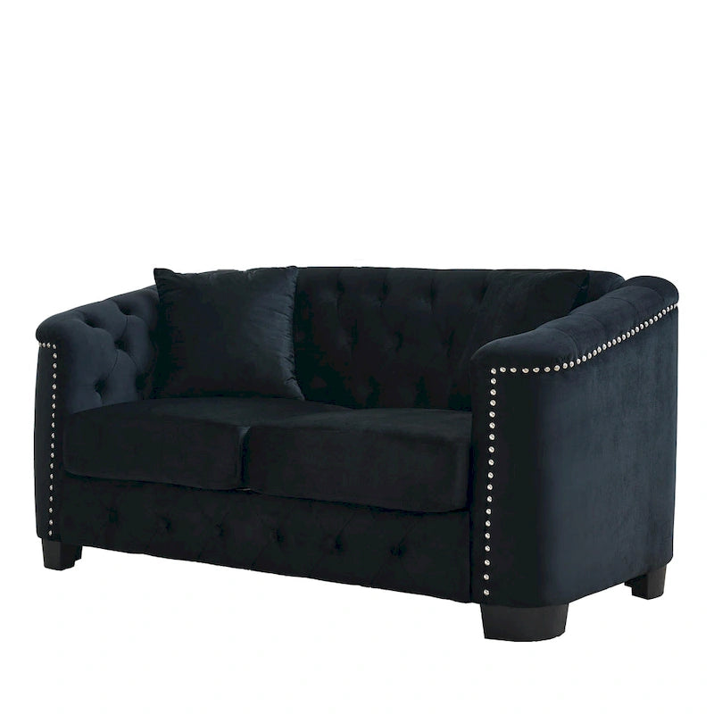 Canapé moderne Chesterfield en velours de 150 cm, canapé 2 places, dossiers touffetés rembourrés avec accoudoirs cloutés et 2 coussins pour le salon