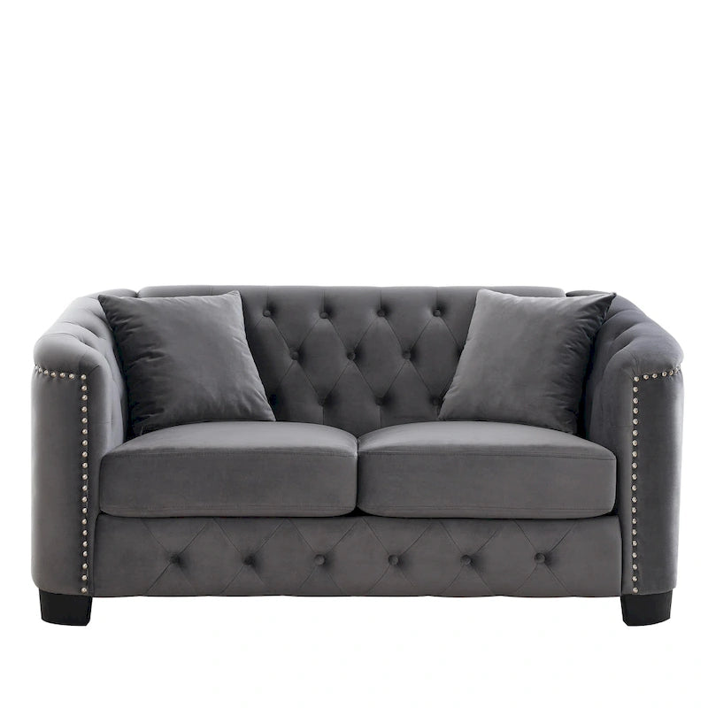 Canapé moderne Chesterfield en velours de 150 cm, canapé 2 places, dossiers touffetés rembourrés avec accoudoirs cloutés et 2 coussins pour le salon
