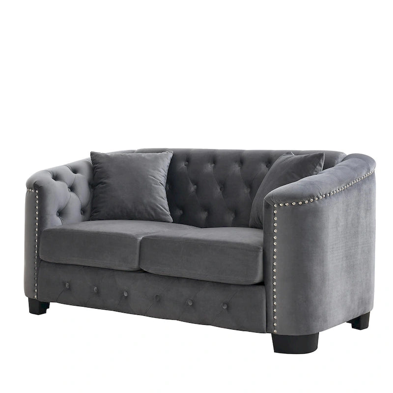 Canapé moderne Chesterfield en velours de 150 cm, canapé 2 places, dossiers touffetés rembourrés avec accoudoirs cloutés et 2 coussins pour le salon