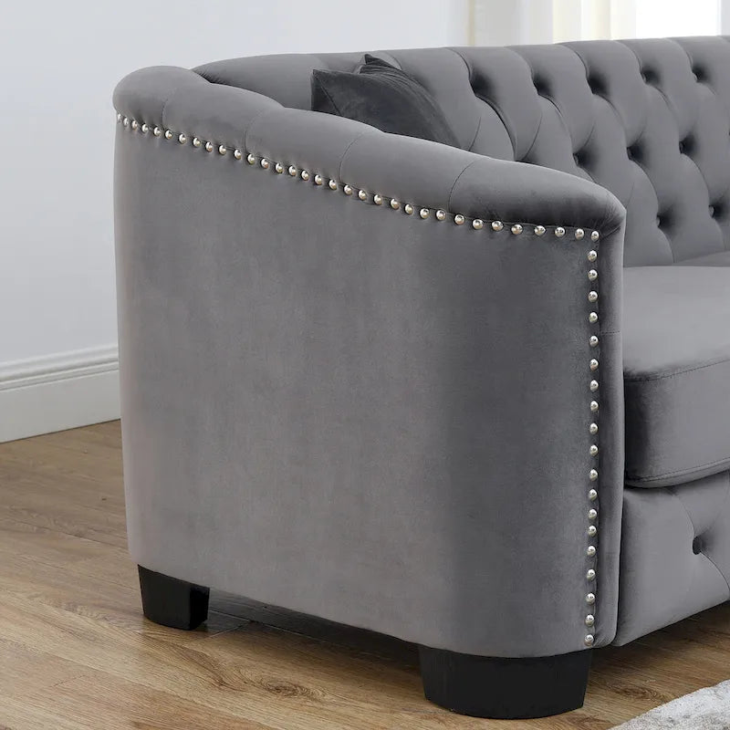 Canapé moderne Chesterfield en velours de 150 cm, canapé 2 places, dossiers touffetés rembourrés avec accoudoirs cloutés et 2 coussins pour le salon