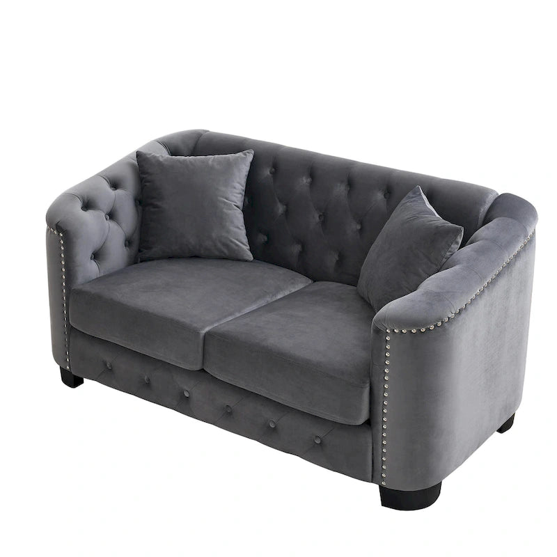 Canapé moderne Chesterfield en velours de 150 cm, canapé 2 places, dossiers touffetés rembourrés avec accoudoirs cloutés et 2 coussins pour le salon