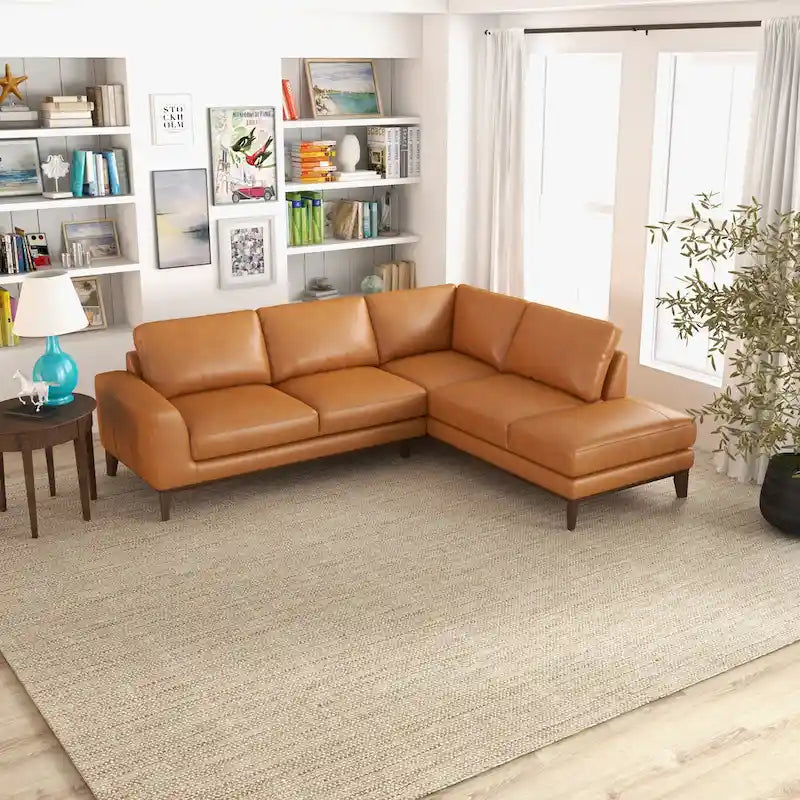 Canapé d'angle sectionnel en cuir de qualité supérieure style Mid-Century Miami, couleur fauve
