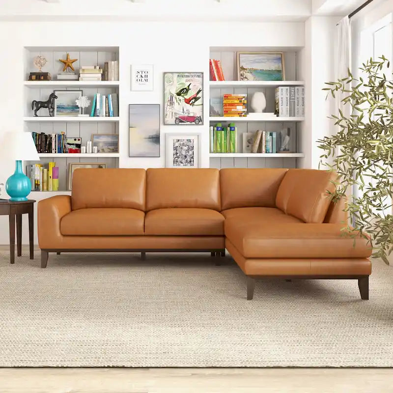 Canapé d'angle sectionnel en cuir de qualité supérieure style Mid-Century Miami, couleur fauve