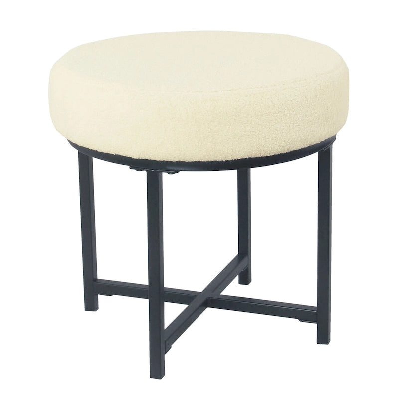 Pouf rond tapissé sur le dessus avec structure en métal - Fausse peau de mouton crème