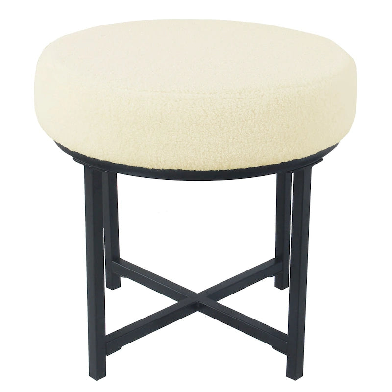 Pouf rond tapissé sur le dessus avec structure en métal - Fausse peau de mouton crème