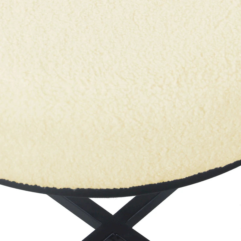 Pouf rond tapissé sur le dessus avec structure en métal - Fausse peau de mouton crème