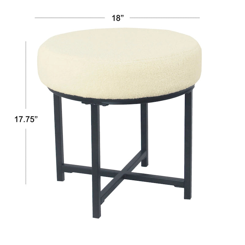 Pouf rond tapissé sur le dessus avec structure en métal - Fausse peau de mouton crème