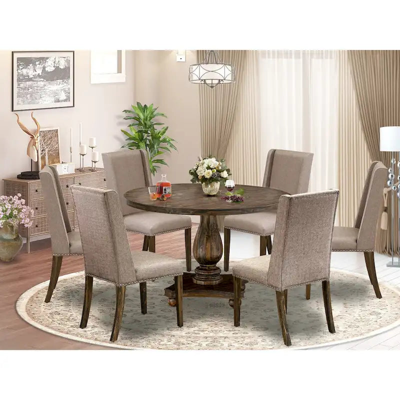 Ensemble de salle à manger East West Furniture – une table de cuisine et des chaises en tissu de lin kaki foncé, Distressed Jacobean (Option pièces)