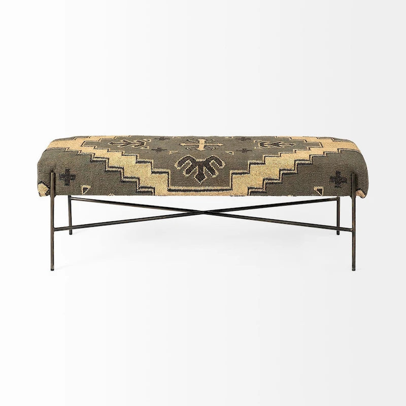 Banc d'appoint Avery I avec siège rembourré à motifs olive et beige - 55L x 17P x 18H