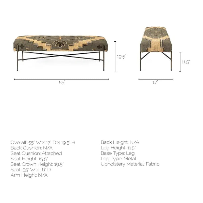 Banc d'appoint Avery I avec siège rembourré à motifs olive et beige - 55L x 17P x 18H