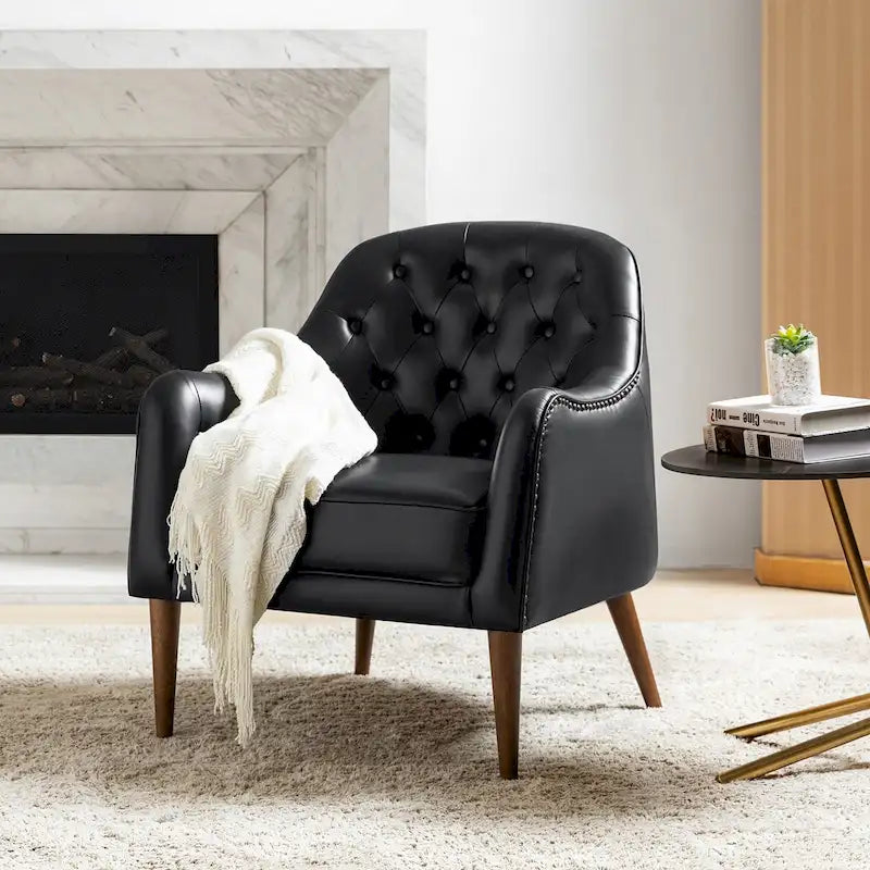 Fauteuil tonneau Melisa Classic en cuir véritable avec pieds en bois et dossier capitonné de HULALA HOME