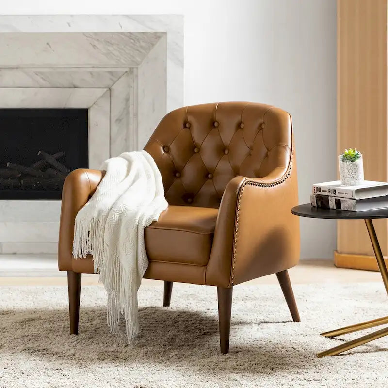 Fauteuil tonneau Melisa Classic en cuir véritable avec pieds en bois et dossier capitonné de HULALA HOME