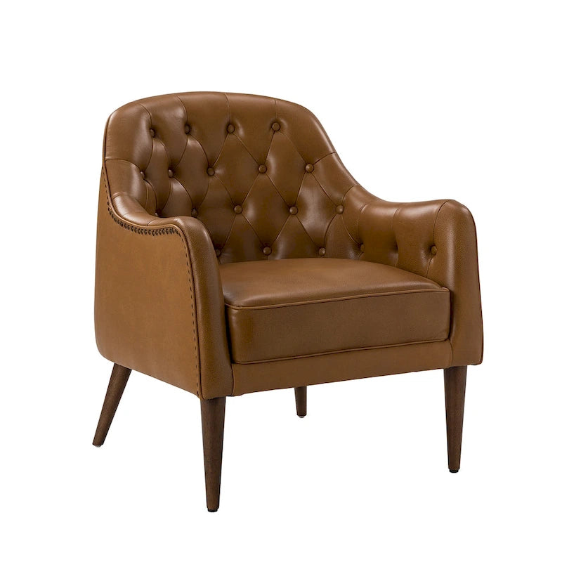 Fauteuil tonneau Melisa Classic en cuir véritable avec pieds en bois et dossier capitonné de HULALA HOME